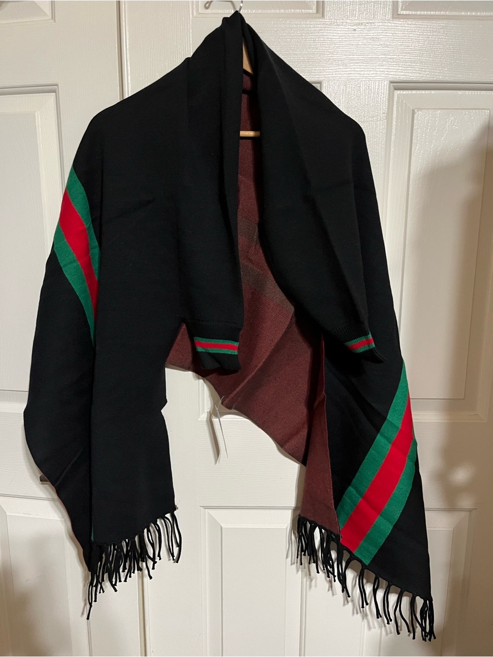 Gucci style Women’s Black Fringe Wrap with Red and Green Stripe Accents
16-01